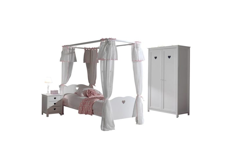 Sänky yöpöydällä, vaatekaapilla, tekstiilisarjalla Amori Valkoinen, undefined