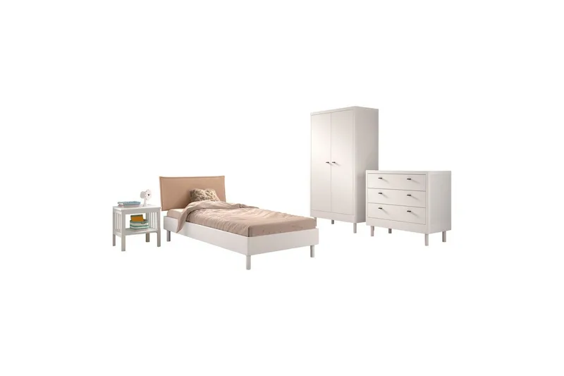 Sänky yöpöydällä Vaatekaappi Forrest 3 laatikon lipasto Valkoinen pyökki, Valkoinen pyökki