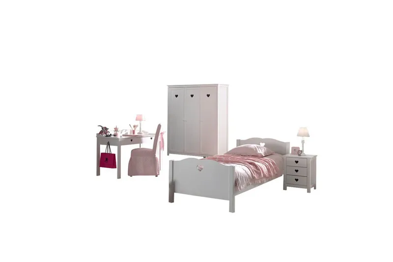 Sänky yöpöydällä Vaatekaappi Työpöytä Amori Valkoinen 3-ovinen, 3-ovinen