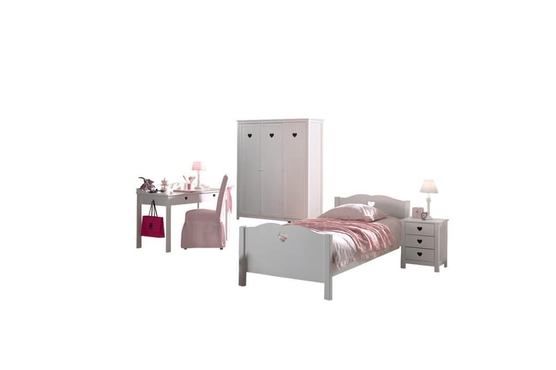 Sänky yöpöydällä Vaatekaappi Työpöytä Amori Valkoinen 3-ovinen, 3-ovinen