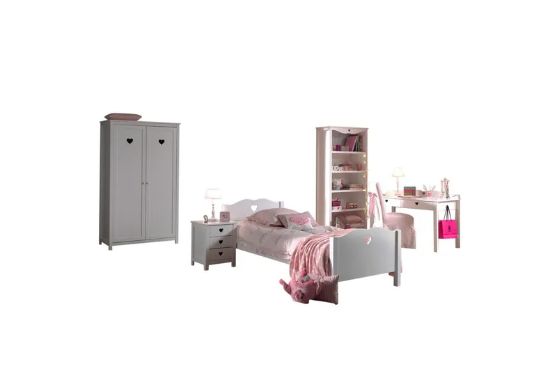 Sänky yöpöydällä Vaatekaappi Työpöytä Kirjahylly Amori Valkoinen 2-ovinen, 2-ovinen