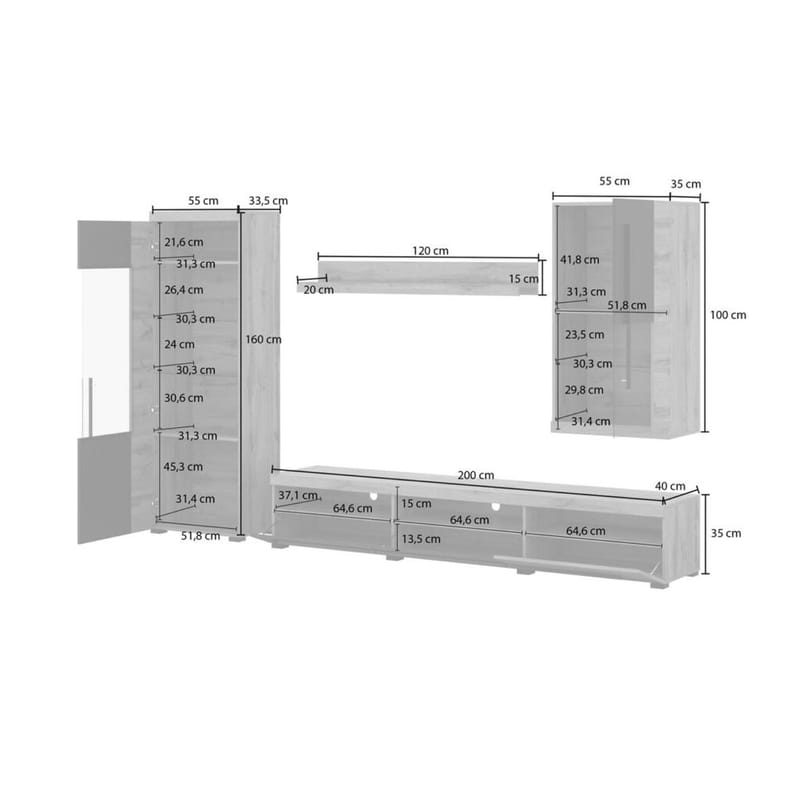Seinäyksikkö Roger 4 osaa - Wotan tammi - Huonekalut - Kalustesetit - Olohuoneen kalustesetit