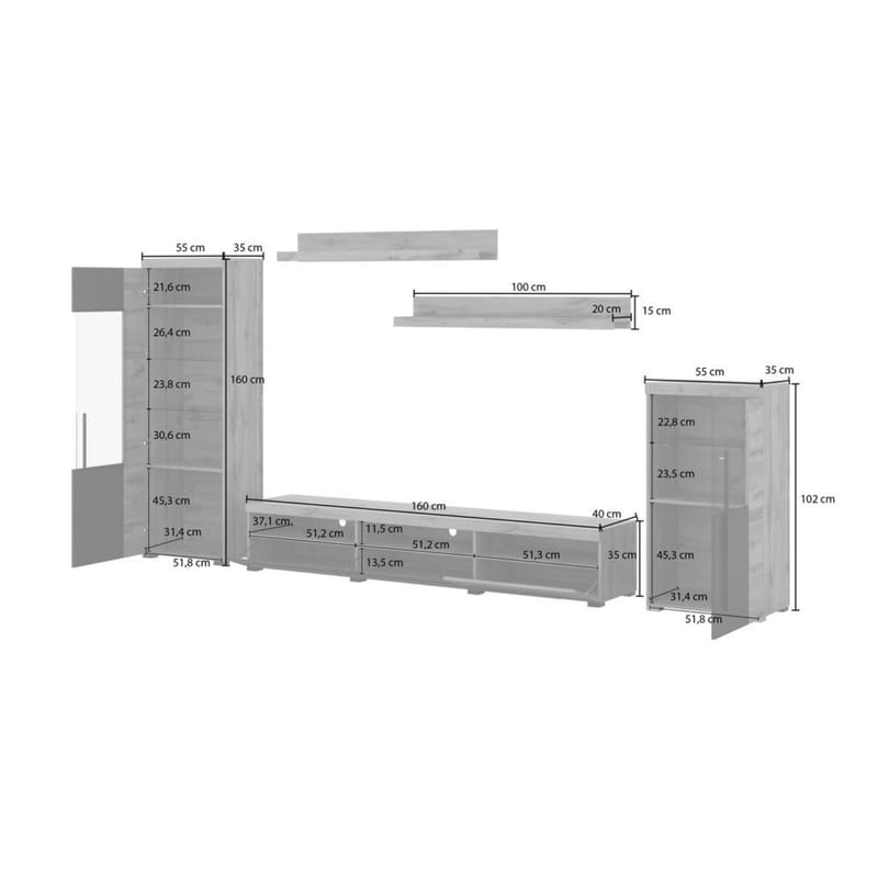 Seinäyksikkö Roger 5 osaa - Wotan tammi - Huonekalut - Kalustesetit - Olohuoneen kalustesetit