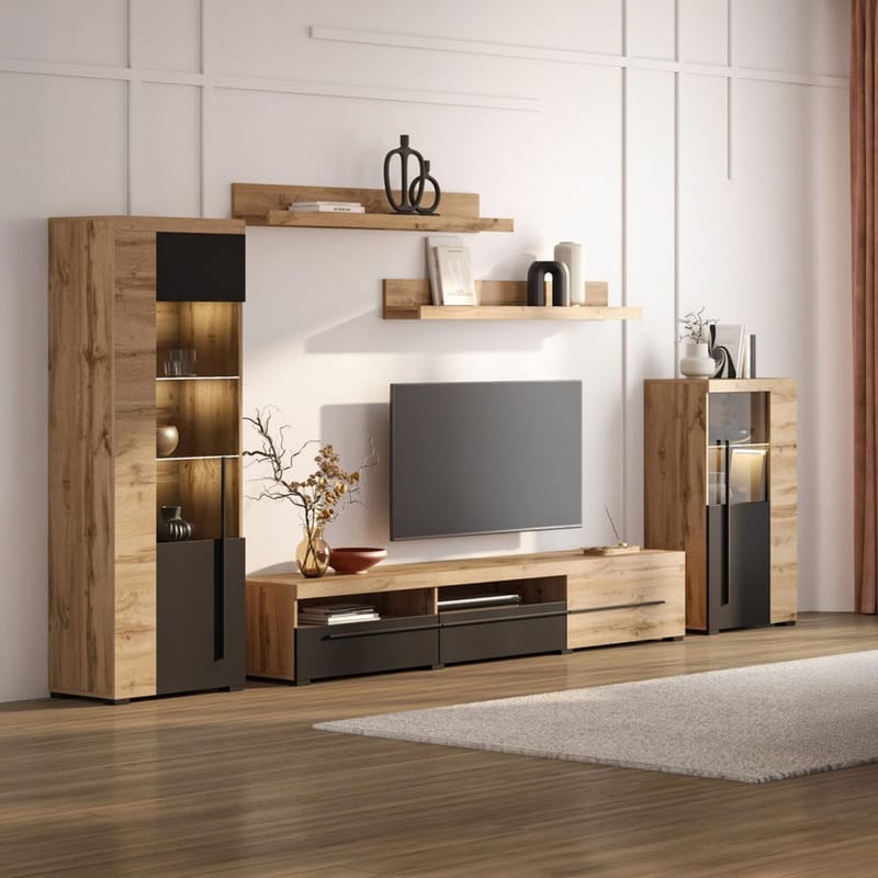 Seinäyksikkö Roger 5 osaa - Wotan tammi - Huonekalut - Kalustesetit - Olohuoneen kalustesetit