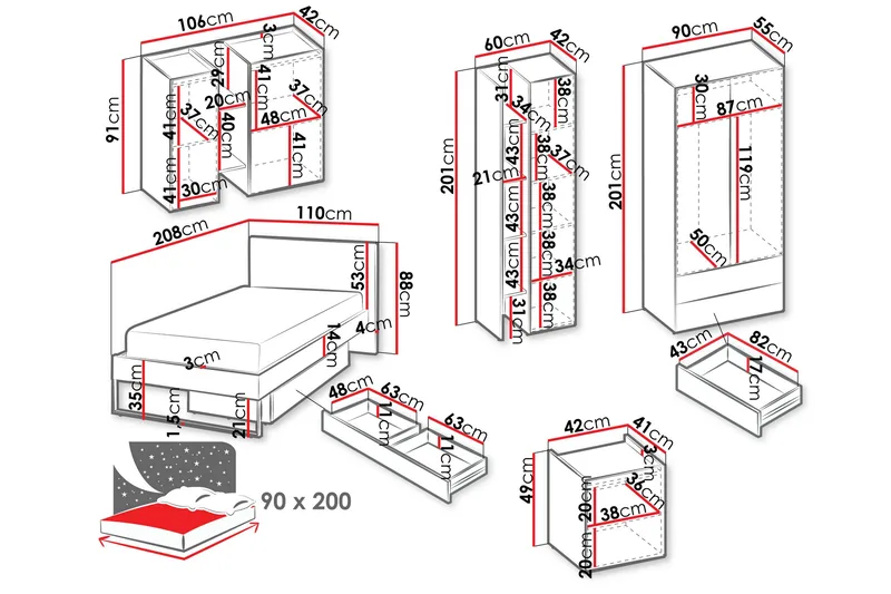 Sigmana-Huonekalusetti Makuuhuoneeseen - Vaalean Harmaa/Beige - Huonekalut - Kalustesetit - Makuuhuoneen kalustesetit