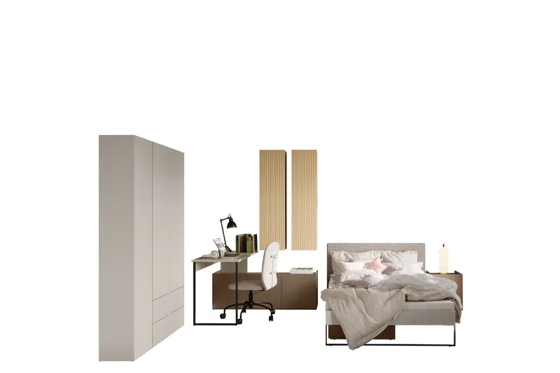 Sigmana-Huonekalusetti Makuuhuoneeseen, Vaalean Harmaa/Ruskea/Beige