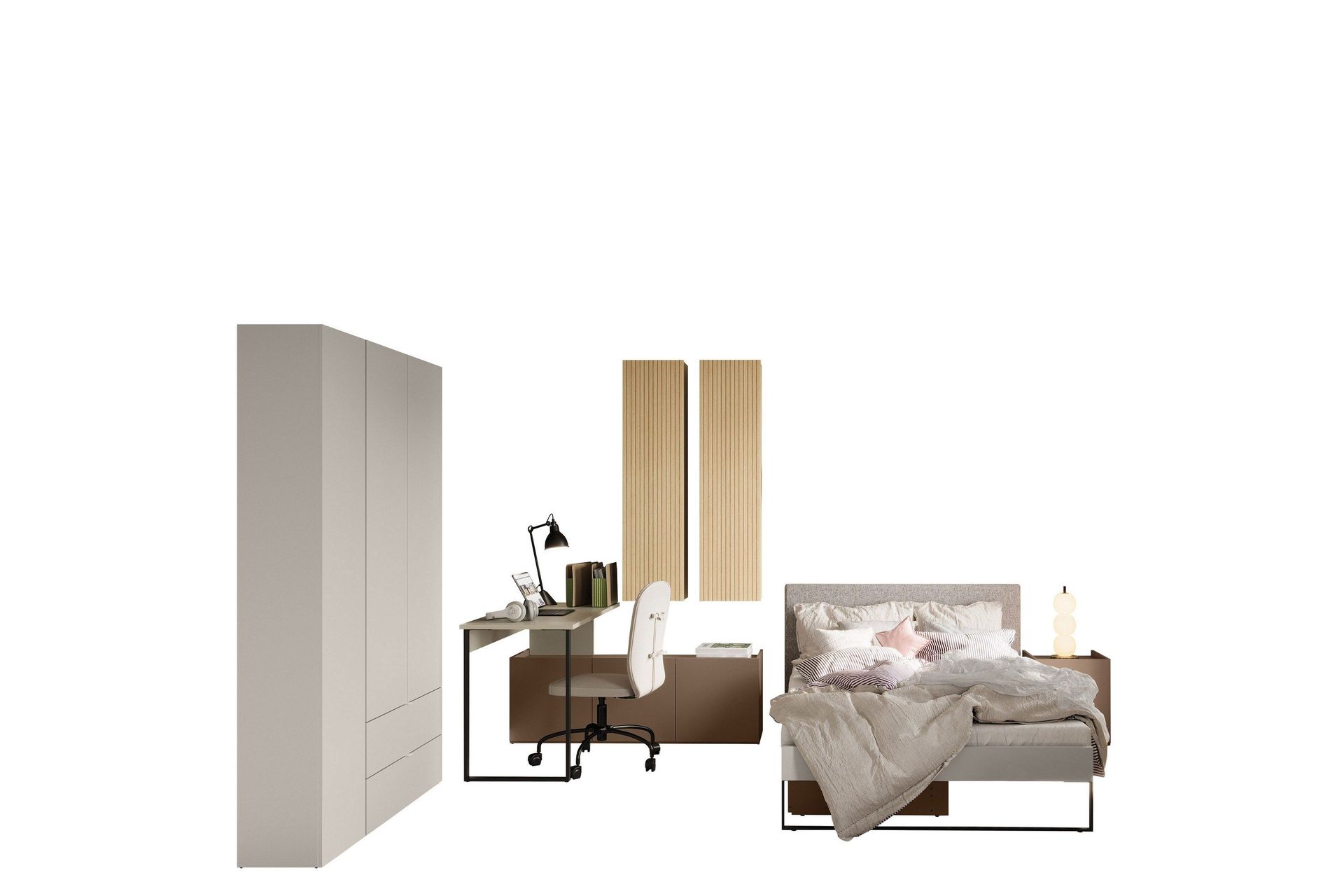 Sigmana-Huonekalusetti Makuuhuoneeseen - Vaalean Harmaa/Ruskea/Beige