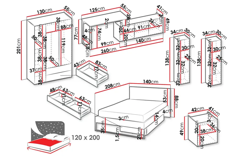 Sigmana-Huonekalusetti Makuuhuoneeseen - Vaalean Harmaa/Ruskea/Beige - Huonekalut - Kalustesetit - Makuuhuoneen kalustesetit