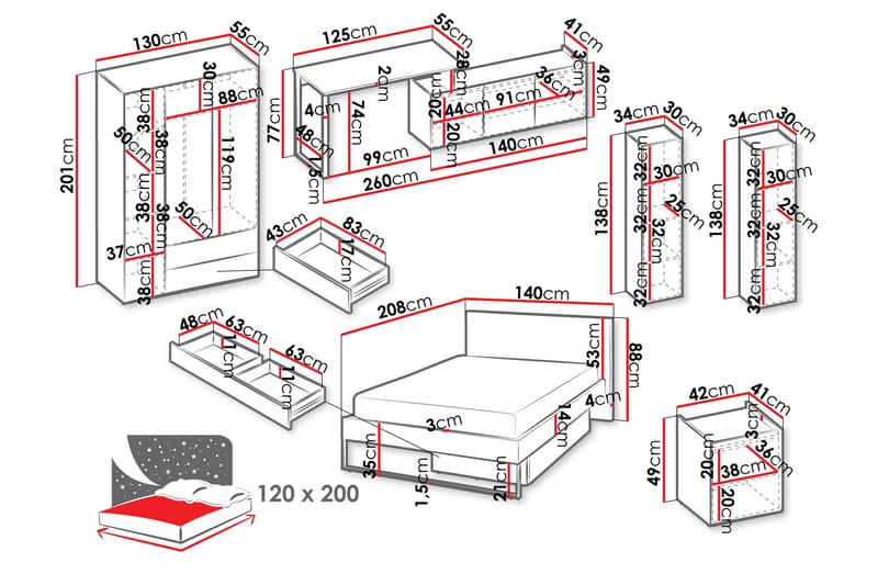 Sigmana-Huonekalusetti Makuuhuoneeseen - Vaalean Harmaa/Ruskea/Beige - Huonekalut - Kalustesetit - Makuuhuoneen kalustesetit