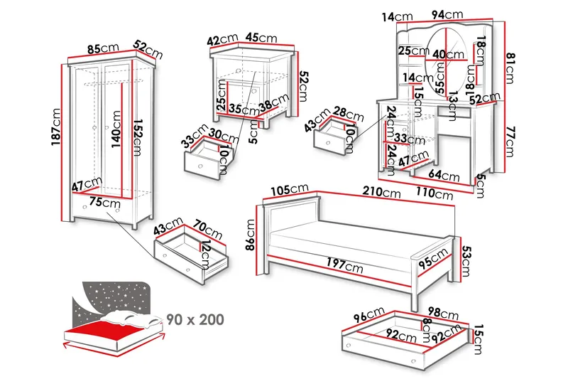 Storys Makuuhuoneen Huonekalusetti - Valkoinen - Huonekalut - Kalustesetit - Makuuhuoneen kalustesetit