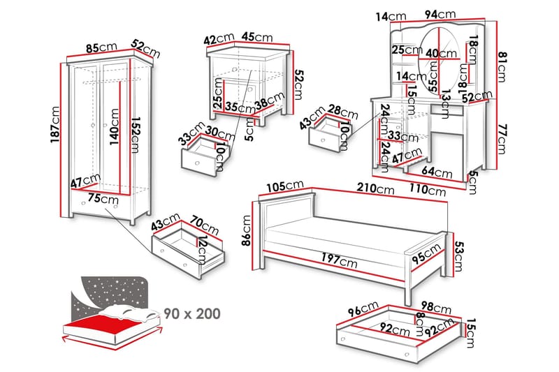 Storys Makuuhuoneen Huonekalusetti - Valkoinen - Huonekalut - Kalustesetit - Makuuhuoneen kalustesetit