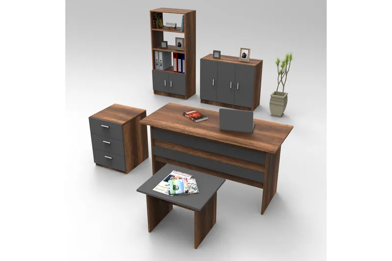 Toimiston kalustesetti Galkun - Tiikki/Antrasiitti - Huonekalut - Kalustesetit - Toimistokalustekokonaisuus