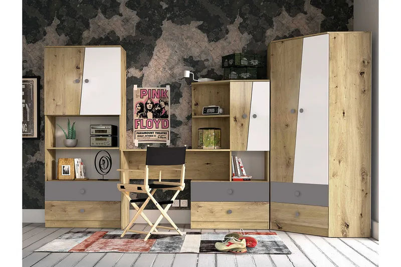 Toimiston kalustesetti Staton, Luonnonväri/Valkoinen/Harmaa