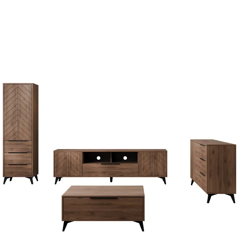 Vemdalen olohuoneen kalustesetti – TV-taso, kirjahylly, senkki ja sohvapöytä, ruskea