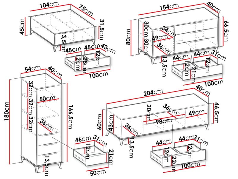 Vemdalen olohuoneen kalustesetti – TV-taso, kirjahylly, senkki ja sohvapöytä - ruskea - Huonekalut - Kalustesetit - Olohuoneen kalustesetit