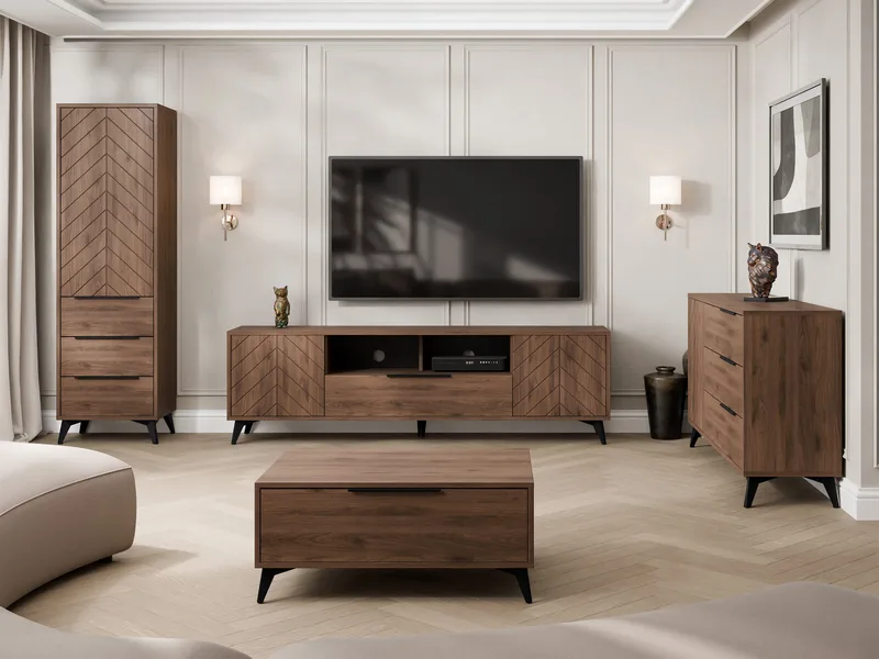 Vemdalen olohuoneen kalustesetti – TV-taso, kirjahylly, senkki ja sohvapöytä - ruskea - Huonekalut - Kalustesetit - Olohuoneen kalustesetit