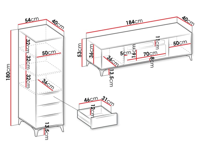 Vemdalen olohuoneen kalustesetti – TV-taso ja korkea kaappi - ruskea - Huonekalut - Kalustesetit - Olohuoneen kalustesetit