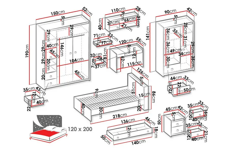 Lastenhuoneen Kalustesetti Rathmore - Harmaa - Huonekalut - Lasten kalusteet - Lasten huonekalusetti