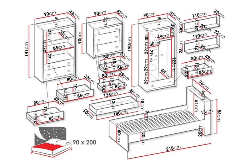 Lastenhuoneen Kalustesetti Rathmore - Harmaa - Huonekalut - Lasten kalusteet - Lasten huonekalusetti