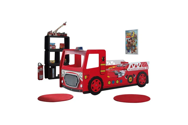Sänky Paloauto, punainen 90x200 cm Patjan kanssa, Patjan kanssa