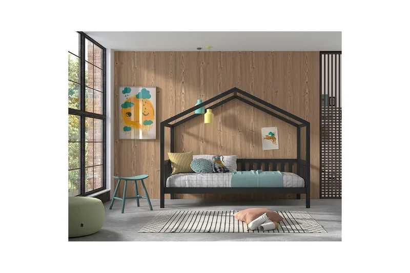 Talo sänky aidalla Dallas 90x200 cm Antrasiitti - Antrasiitti - Huonekalut - Lasten kalusteet - Lastensängyt & juniorisängyt - Tavallinen lastensänky