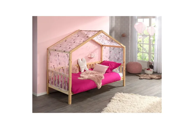 Talo sänky tekstiilisarjalla Dallas 90x200 cm Luonnollinen, Aitaus mukana, Ilman laatikkoa - Luonnollinen, Aitaus mukana, Ilman laatikkoa - Huonekalut - Lasten kalusteet - Lastensängyt & juniorisängyt - Talosänky