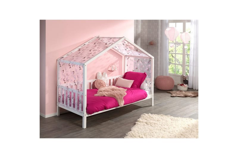 Talo sänky tekstiilisarjalla Dallas 90x200 cm Valkoinen, Aitaus mukana, Ilman laatikkoa - Valkoinen, Aitaus mukana, Ilman laatikkoa - Huonekalut - Lasten kalusteet - Lastensängyt & juniorisängyt - Talosänky