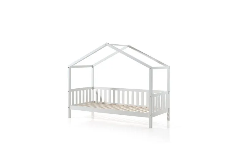 Talo sänky tekstiilisarjalla Dallas 90x200 cm Valkoinen, Aitaus mukana, Ilman laatikkoa, Valkoinen, Aitaus mukana, Ilman laatikkoa