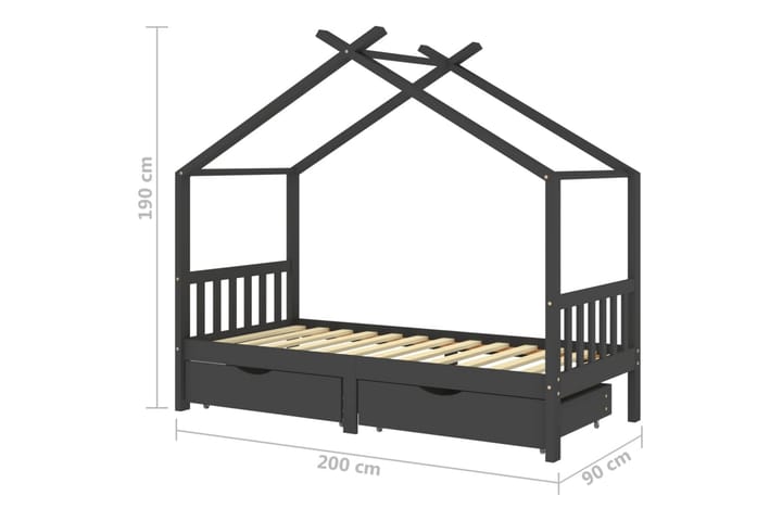 Lasten sängynrunko laatikoilla harmaa täysi mänty 90x200cm - Talosänky