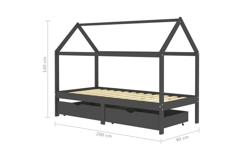 Lasten sängynrunko laatikoilla t.harmaa täysi mänty 90x200cm - Huonekalut - Lasten kalusteet - Lastensängyt & juniorisängyt - Talosänky