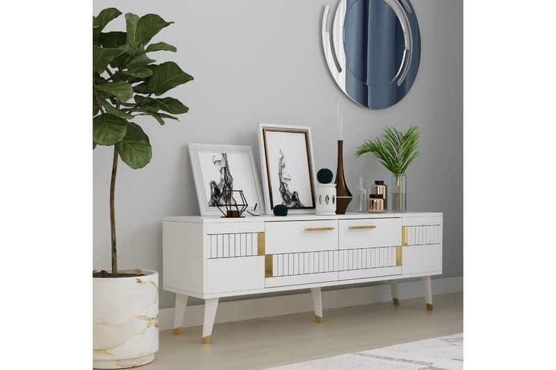 Moda tv-taso 150x35 cm valkoinen/kulta - Hanah Home - Huonekalut - TV- & Mediakalusteet - Tv taso & Mediataso