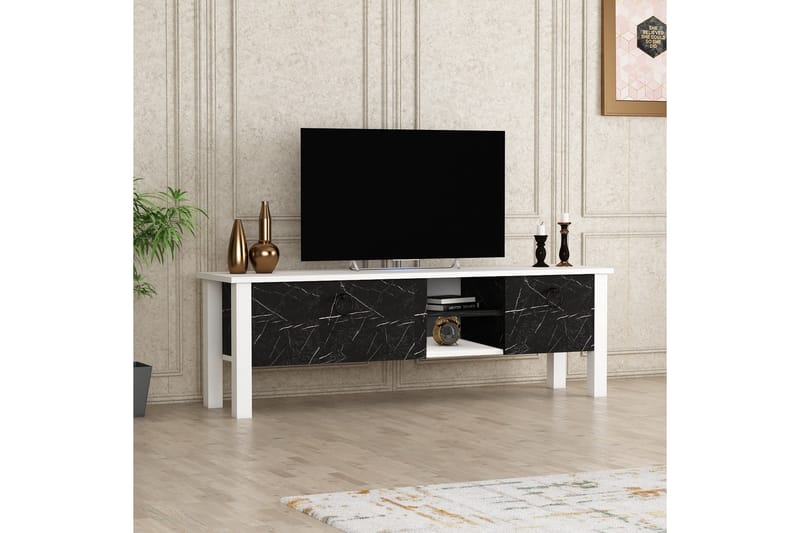 Perrenmies tv-taso 140x35 cm valkoinen/musta - Hanah Home - Huonekalut - TV- & Mediakalusteet - Tv taso & Mediataso