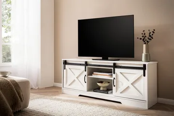 Alino TV-taso 150 cm - Valkoinen, mustat metalliosat - Huonekalut - TV- & Mediakalusteet - Tv taso & Mediataso
