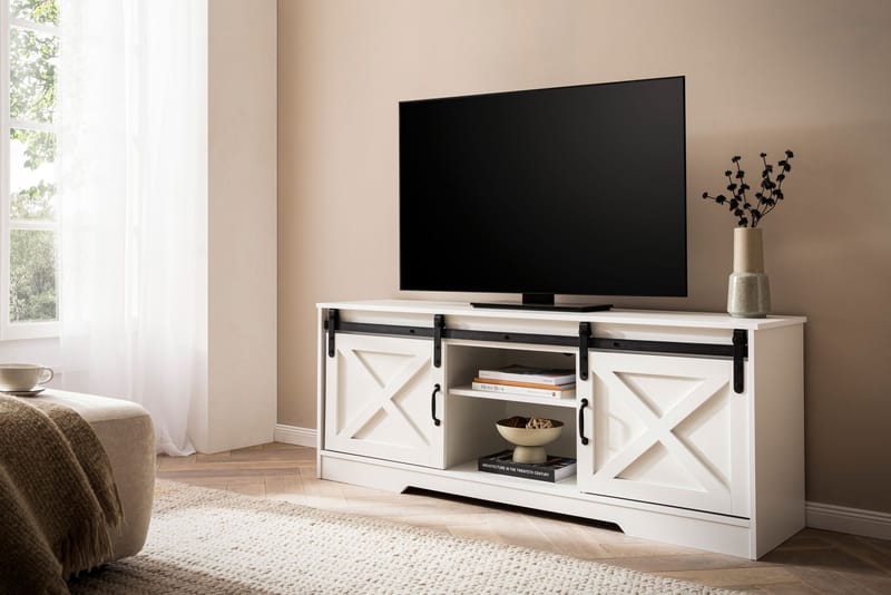 Alino TV-taso 150 cm - Valkoinen, mustat metalliosat - Huonekalut - TV- & Mediakalusteet - Tv taso & Mediataso