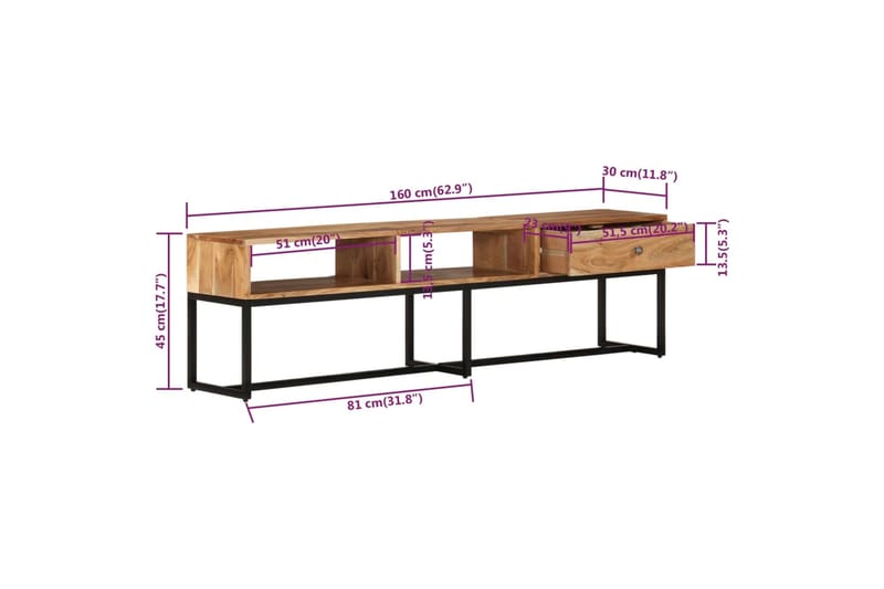 beBasic TV-taso 160x30x45 cm täysi akaasiapuu - Ruskea - Huonekalut - TV- & Mediakalusteet - Tv taso & Mediataso