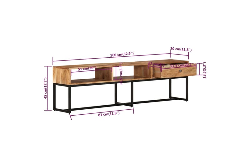 beBasic TV-taso 160x30x45 cm täysi akaasiapuu - Ruskea - Tv taso & Mediataso