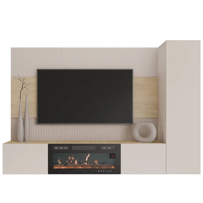 Bernice TV-seinäkaappi 220 cm, sähkötakka lämmitystoiminnolla ja LED-valaistuksella, beige, ruskea