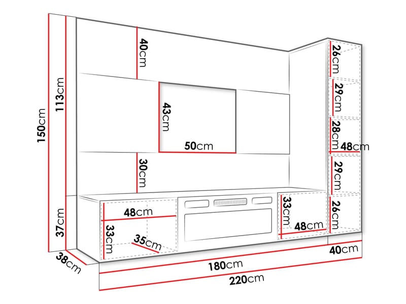 Bernice TV-seinäkaappi 220 cm, sähkötakka lämmitystoiminnolla ja LED-valaistuksella - beige, ruskea - Huonekalut - TV- & Mediakalusteet - TV-kaappi