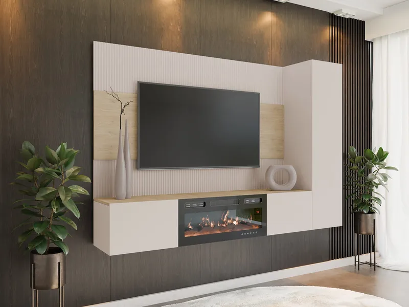 Bernice TV-seinäkaappi 220 cm, sähkötakka lämmitystoiminnolla ja LED-valaistuksella - beige, ruskea - Huonekalut - TV- & Mediakalusteet - TV-kaappi