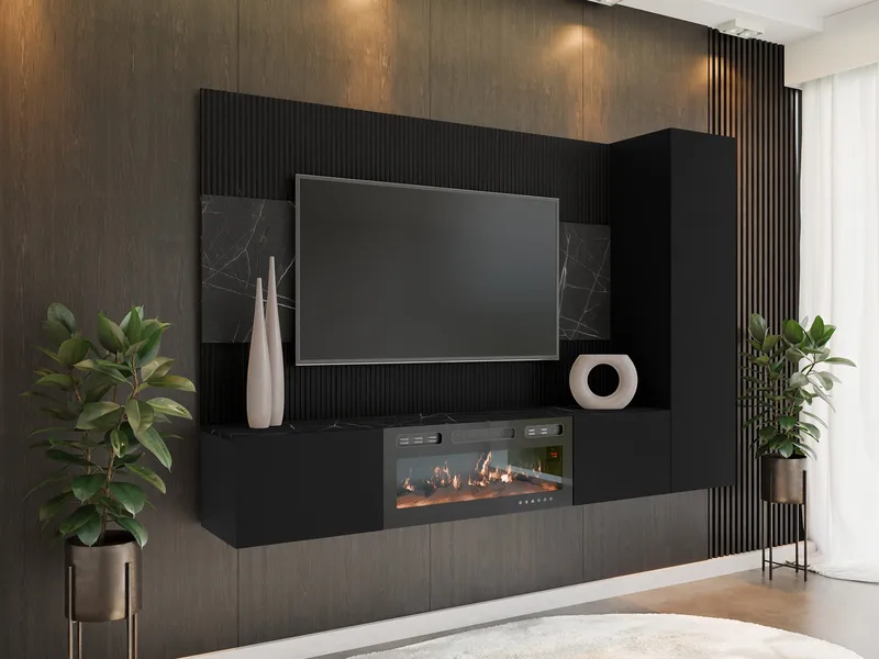 Bernice TV-seinäkaappi 220 cm, sähkötakka lämmitystoiminnolla ja LED-valaistuksella - musta - Huonekalut - TV- & Mediakalusteet - TV-kaappi