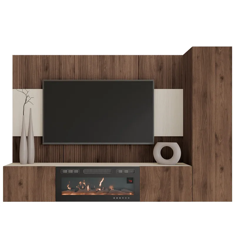 Bernice TV-seinäkaappi 220 cm, sähkötakka lämmitystoiminnolla ja LED-valaistuksella, ruskea