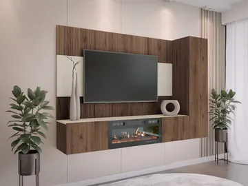 Bernice TV-seinäkaappi 220 cm, sähkötakka lämmitystoiminnolla ja LED-valaistuksella - ruskea - Huonekalut - TV- & Mediakalusteet - TV-kaappi