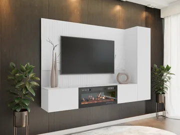 Bernice TV-seinäkaappi 220 cm, sähkötakka lämmitystoiminnolla ja LED-valaistuksella - valkoinen - Huonekalut - TV- & Mediakalusteet - TV-kaappi