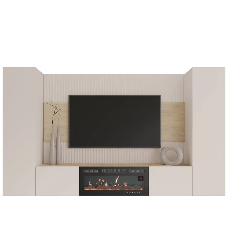 Bernice TV-seinäkaappi 260 cm, sähkötakka lämmitystoiminnolla ja LED-valaistuksella, beige, ruskea