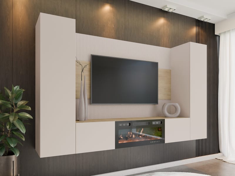 Bernice TV-seinäkaappi 260 cm, sähkötakka lämmitystoiminnolla ja LED-valaistuksella - beige, ruskea - Huonekalut - TV- & Mediakalusteet - TV-kaappi