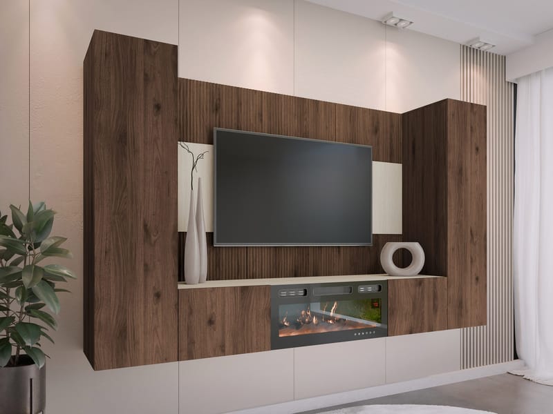 Bernice TV-seinäkaappi 260 cm, sähkötakka lämmitystoiminnolla ja LED-valaistuksella - ruskea - Huonekalut - TV- & Mediakalusteet - TV-kaappi