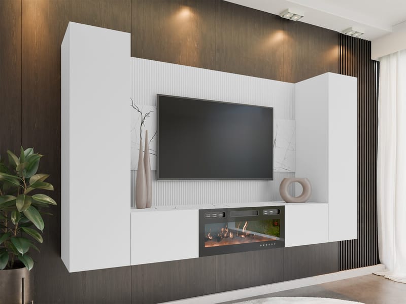 Bernice TV-seinäkaappi 260 cm, sähkötakka lämmitystoiminnolla ja LED-valaistuksella - valkoinen - Huonekalut - TV- & Mediakalusteet - TV-kaappi