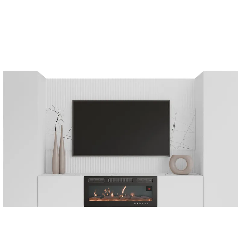 Bernice TV-seinäkaappi 260 cm, sähkötakka lämmitystoiminnolla ja LED-valaistuksella, valkoinen