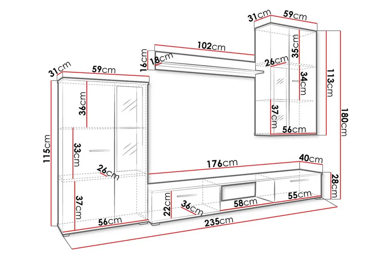 Bunta TV-huonekalusetti 235x40 cm - Valkoinen - Huonekalut - TV- & Mediakalusteet - TV-kalustepaketti