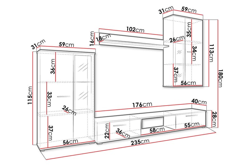 Bunta TV-huonekalusetti 235x40 cm - Valkoinen - Huonekalut - TV- & Mediakalusteet - TV-kalustepaketti